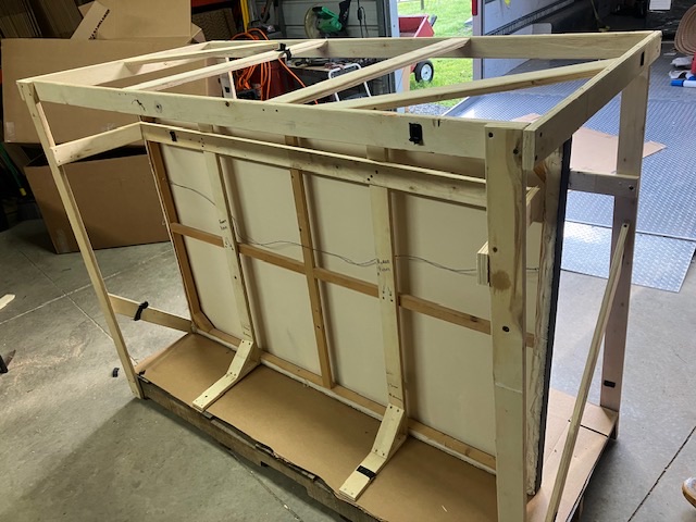 Reverse side of a framed item inside a wood support frame